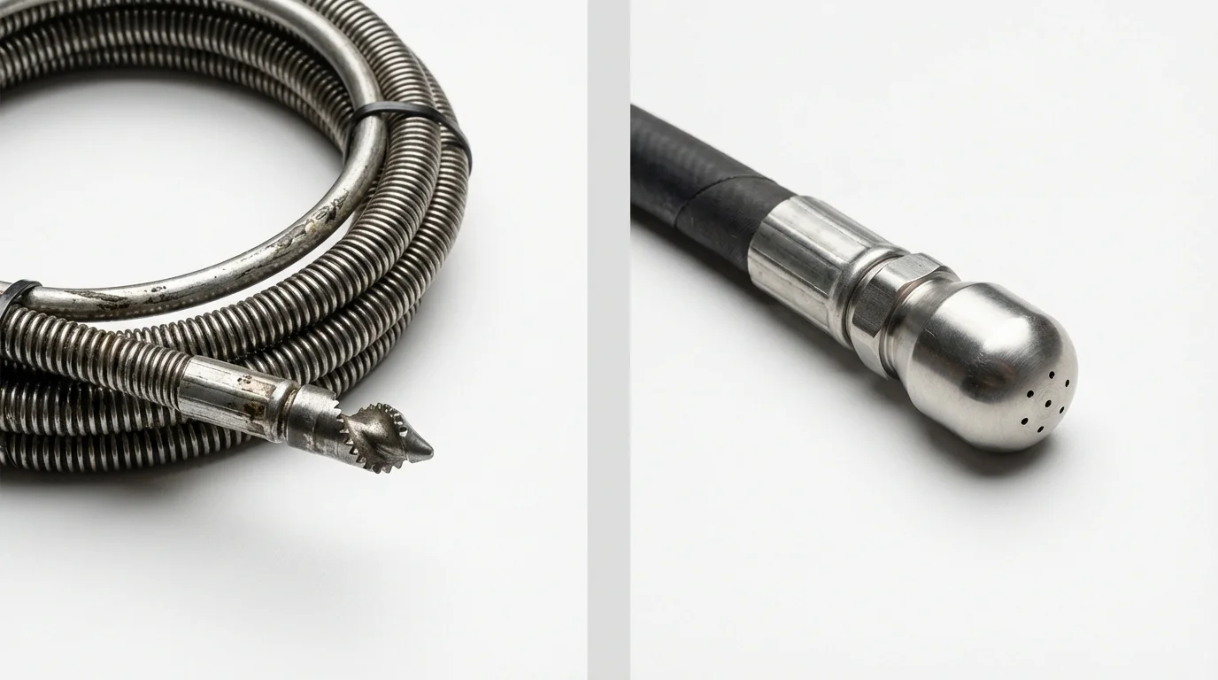 Drain snake cable and hydro jetting nozzle used for drain cleaning in Maysville, OK