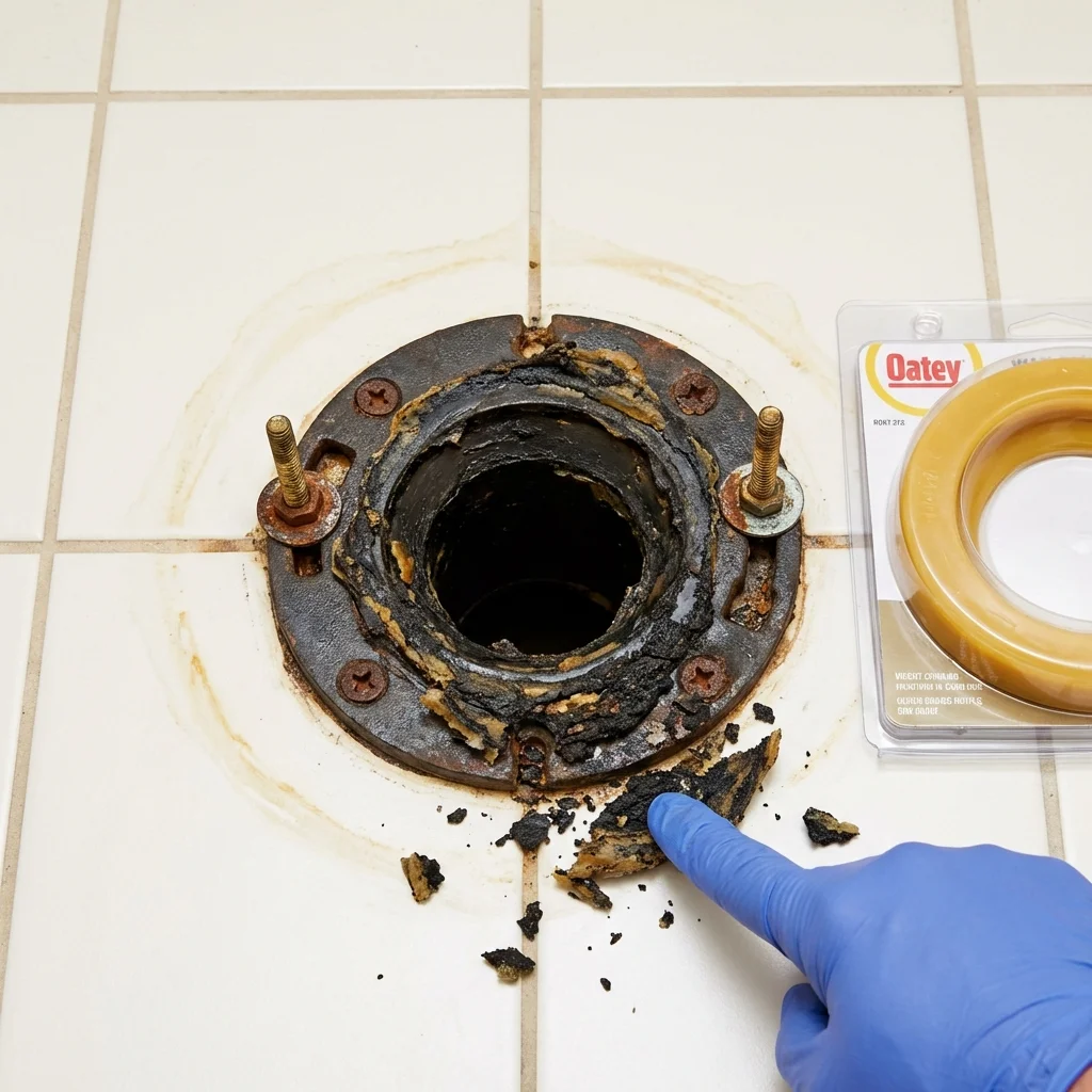 Failed wax ring showing water seepage at the base of a toilet in a Maysville, OK home