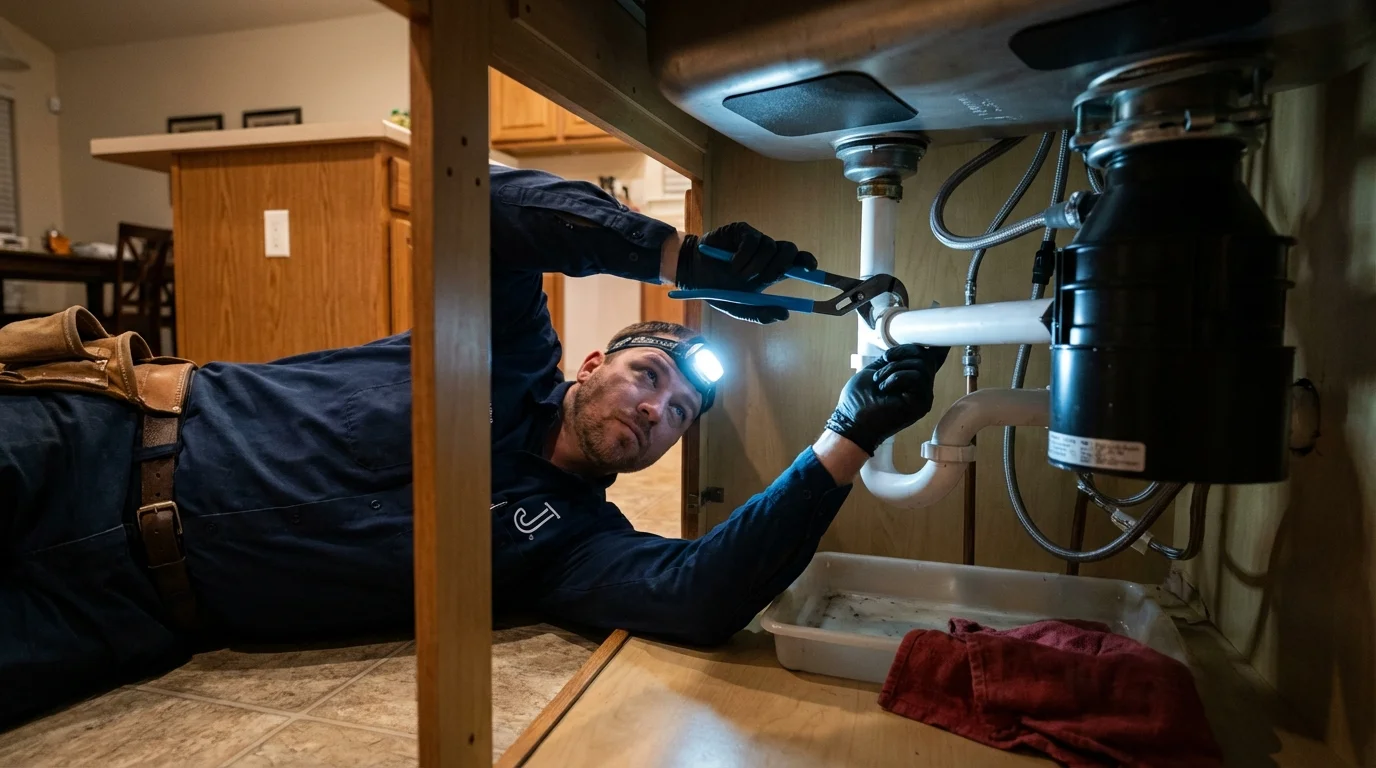 P-trap and supply line connections under a kitchen sink showing a common leak point in Maysville, OK